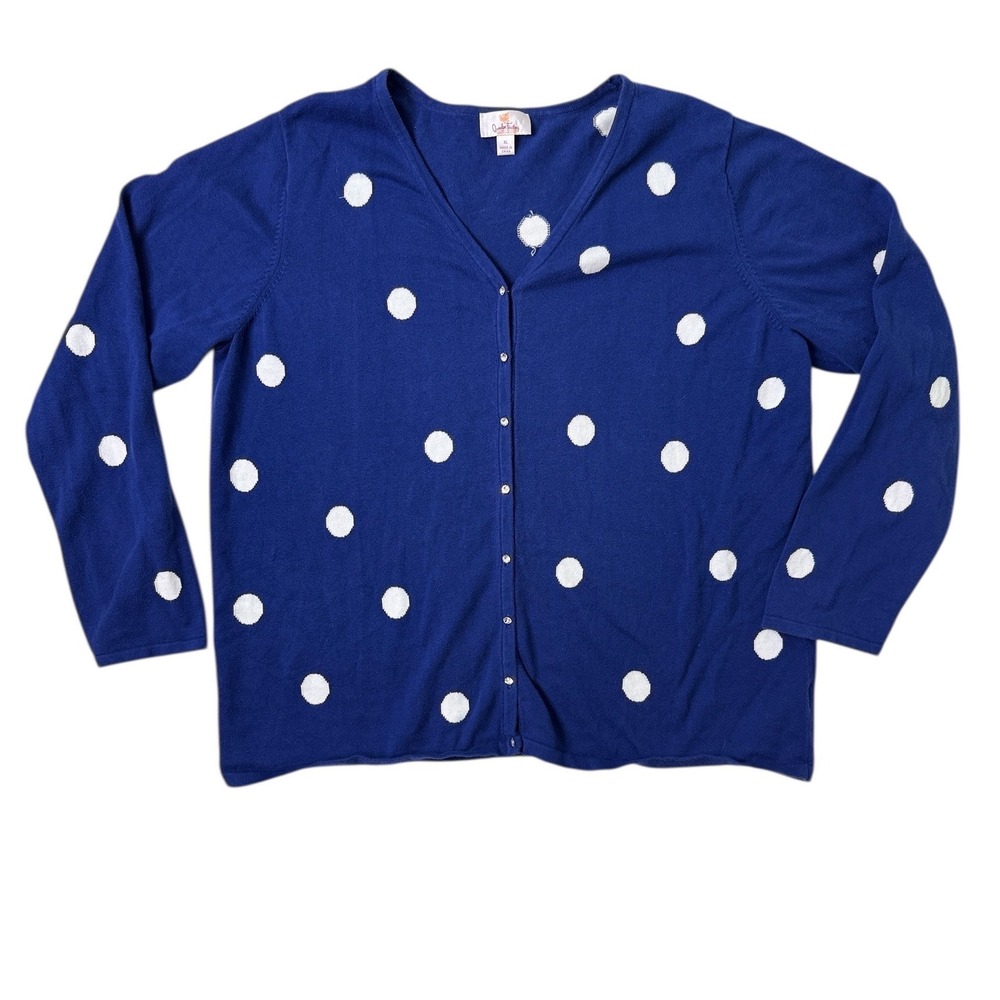 Quacker Factory Blue Polka Dot Rhinestone Button Cotton Cardigan XL A8664